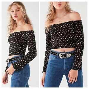 Urban Outfitters Black Ditsy Floral Smocked Off Shoulder Long Sleeve Crop Top